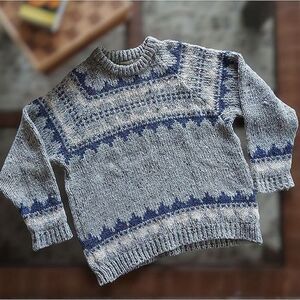 Vtg Sak's grey wool heavy knit Fair Isle pullover sweater